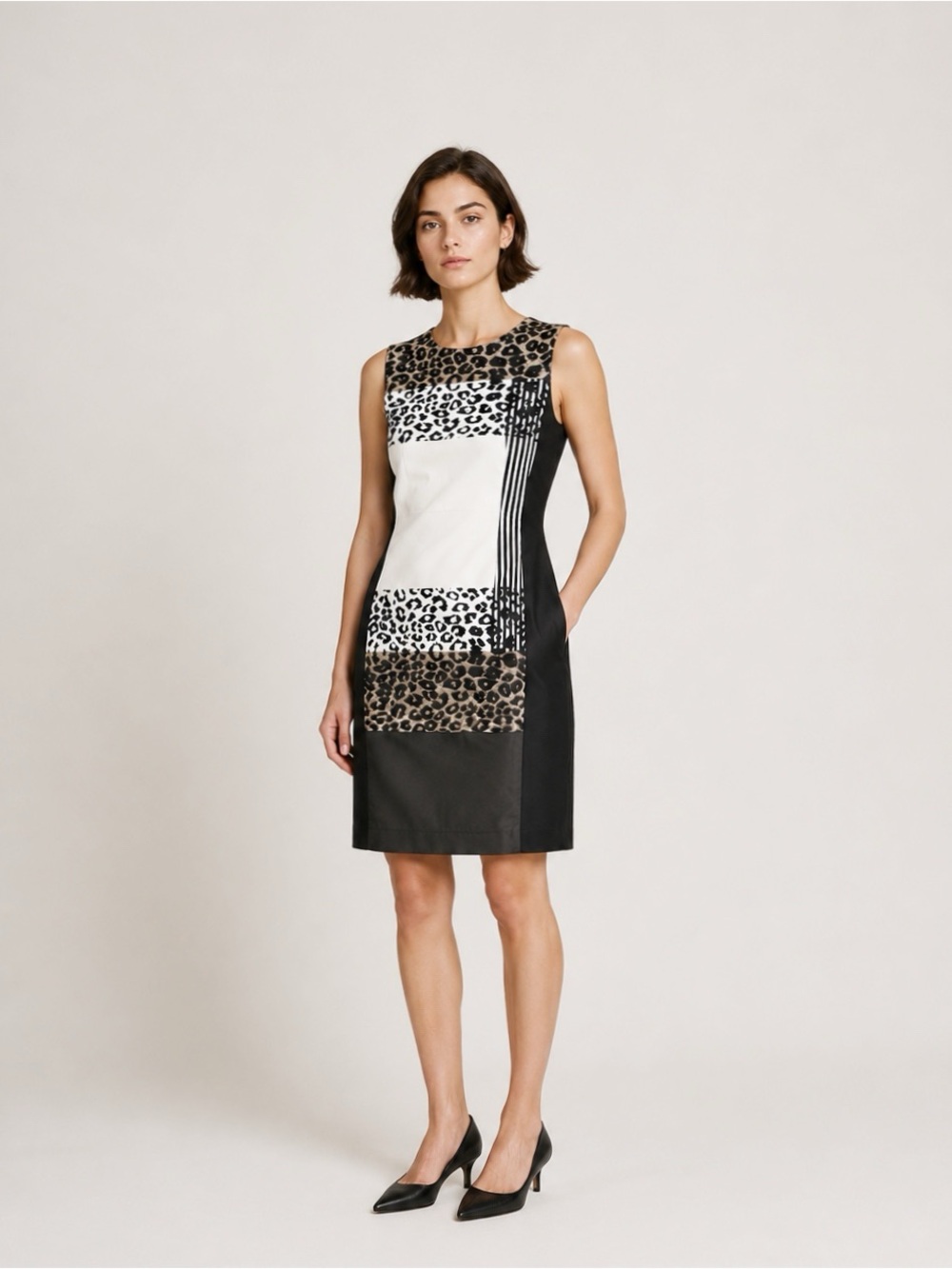 Kenneth Cole Woman Leopard Sheath Sleeveless Dress UK8 Classic Luxury Party